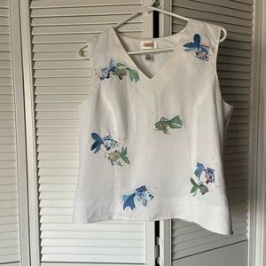 Talbots White Irish Linen V Neck Top with Colorful Fish Embroidery